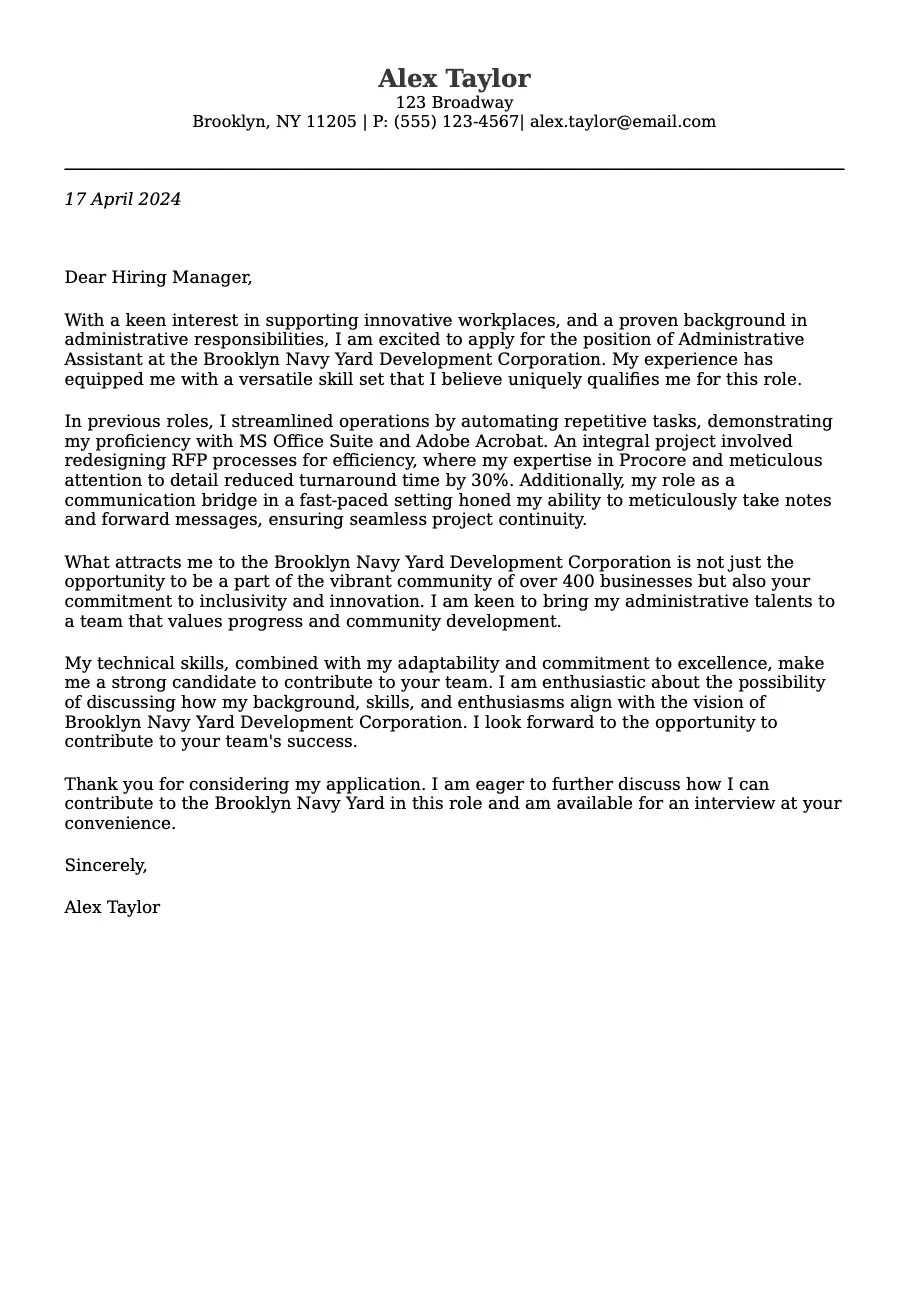 Cover letter example for Administrative Assistant