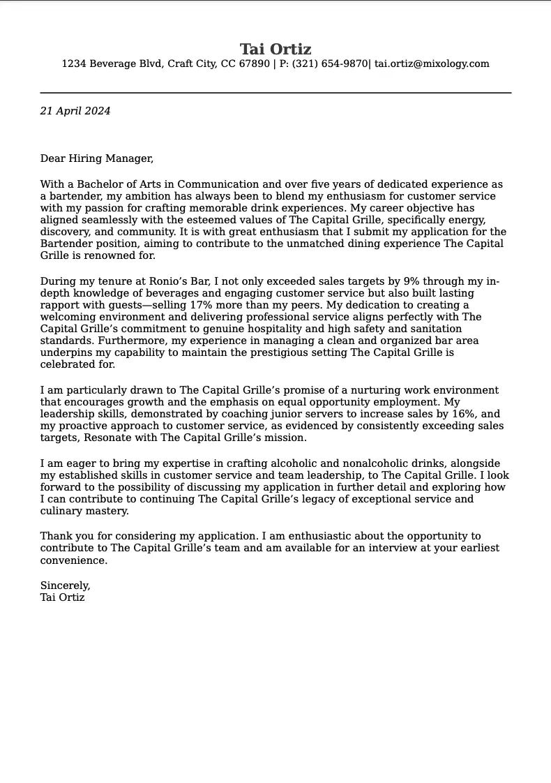 Cover letter example for Bartender