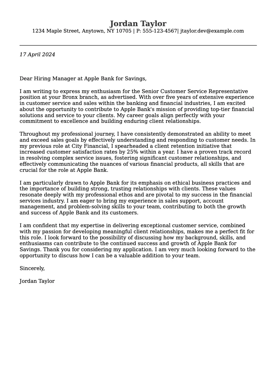 Cover letter example for Customer Service Representative