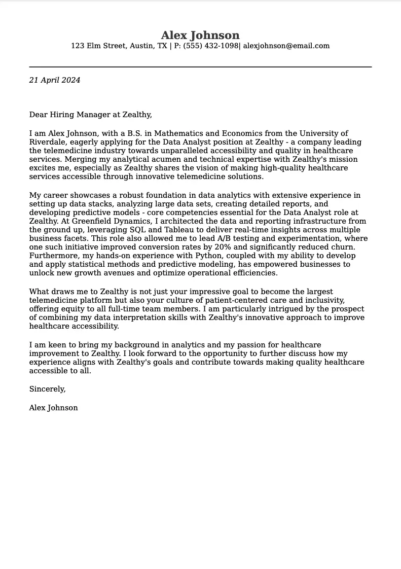 Cover letter example for Data Analyst