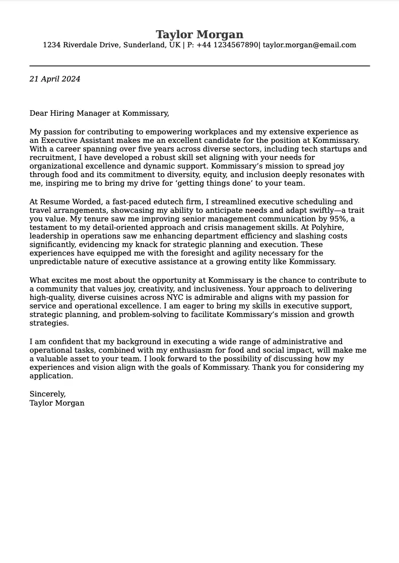 Cover letter example for Executive Assistant