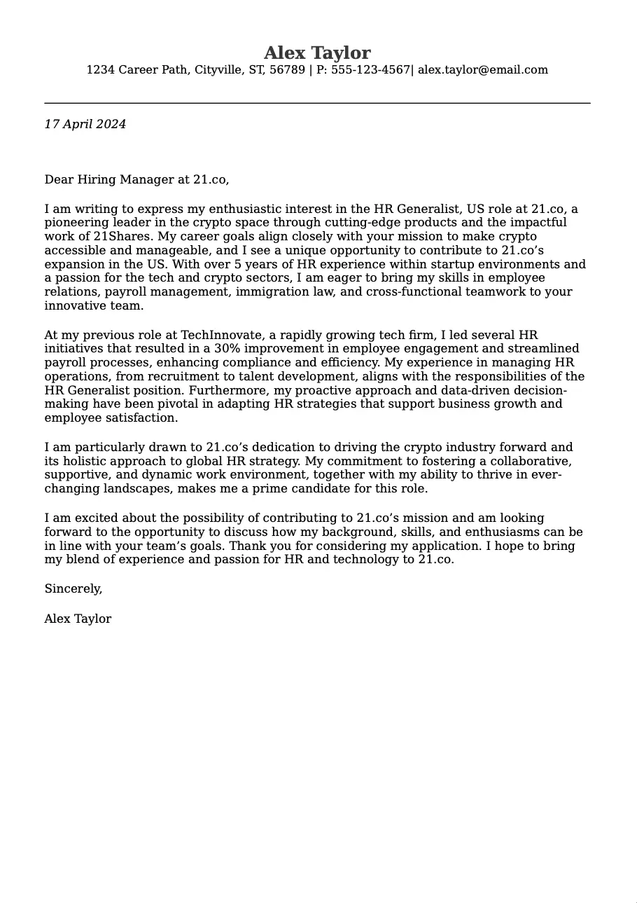 Cover letter example for HR