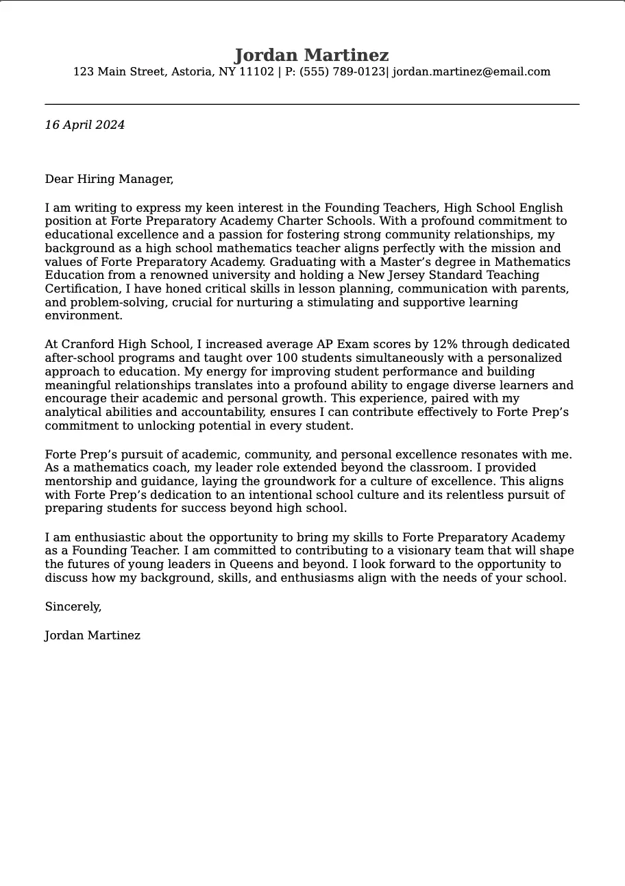 Cover letter example for High School Teacher