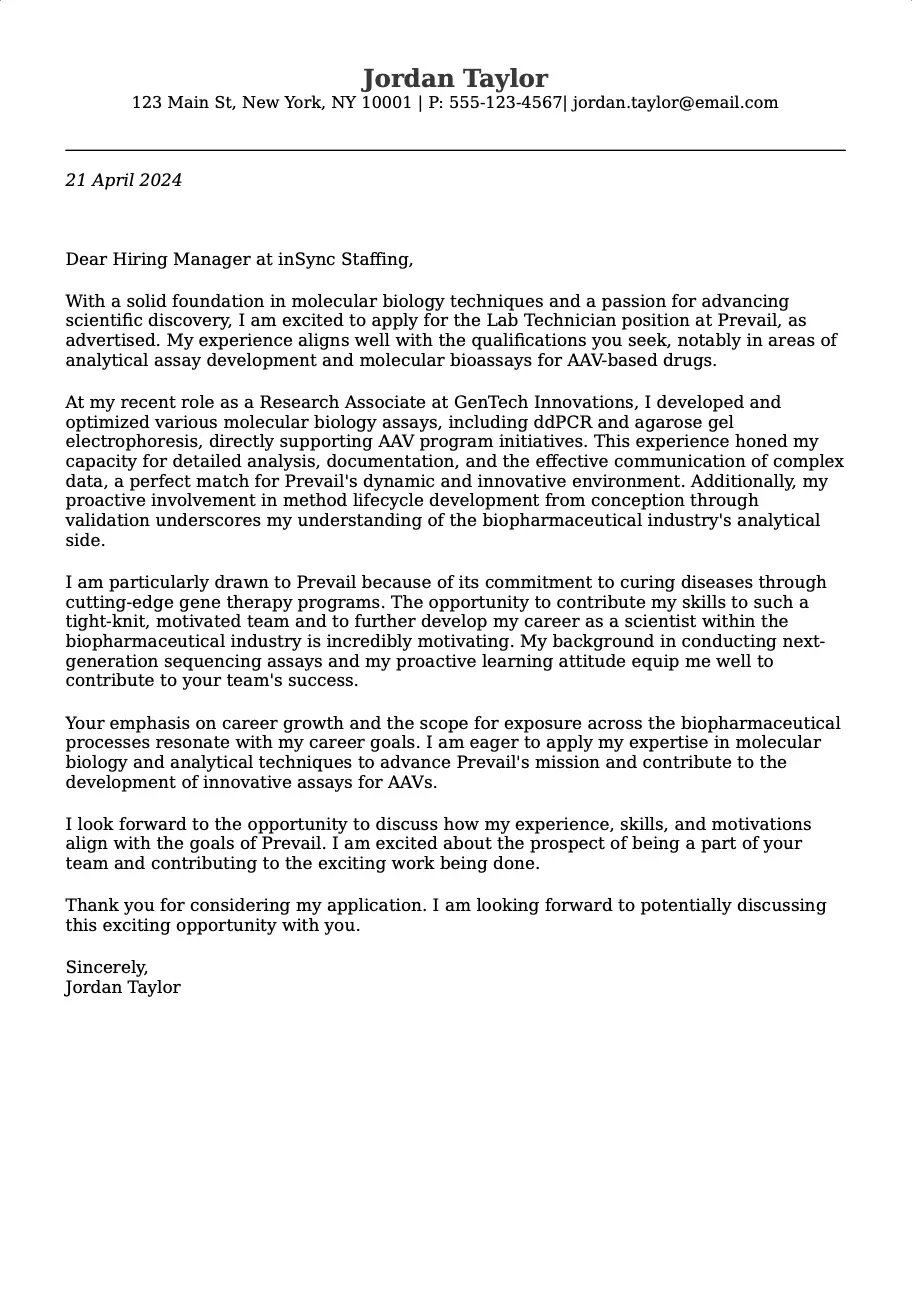 Cover letter example for Lab Technician