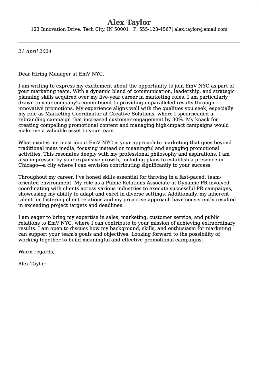 Cover letter example for Marketing