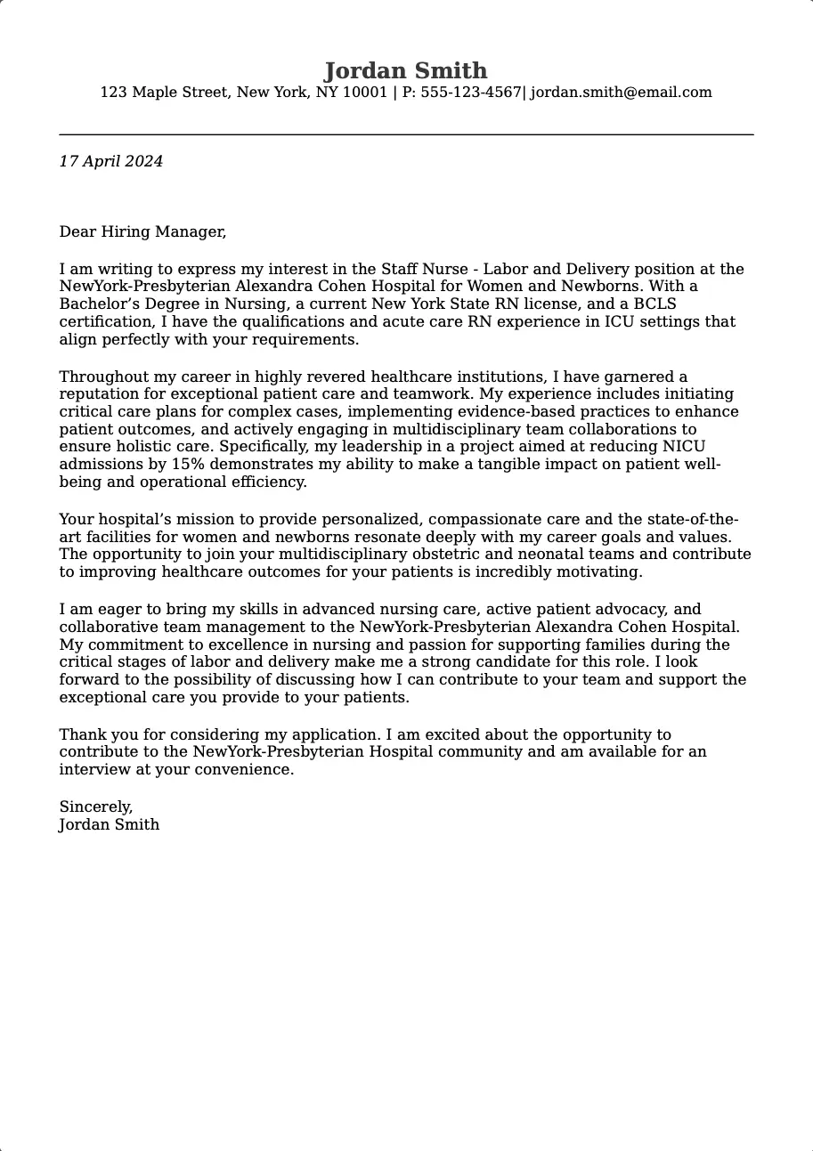 Cover letter example for Nurse