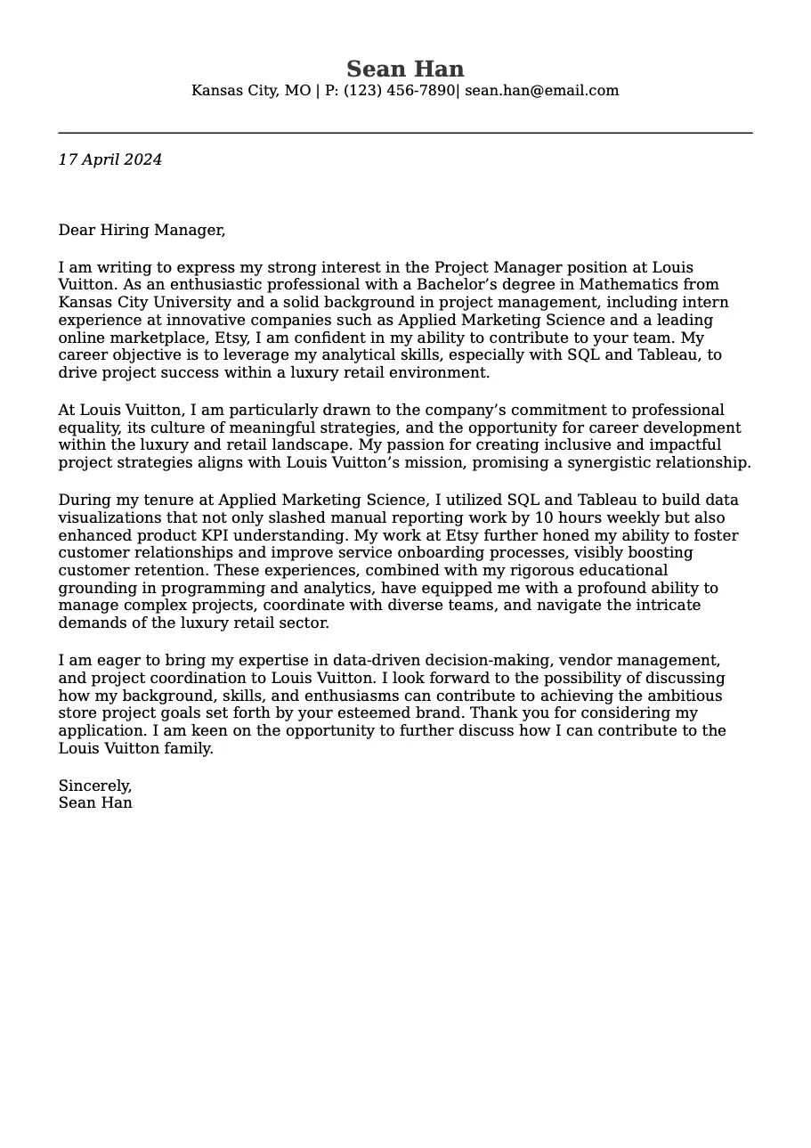 Cover letter example for Project Manager