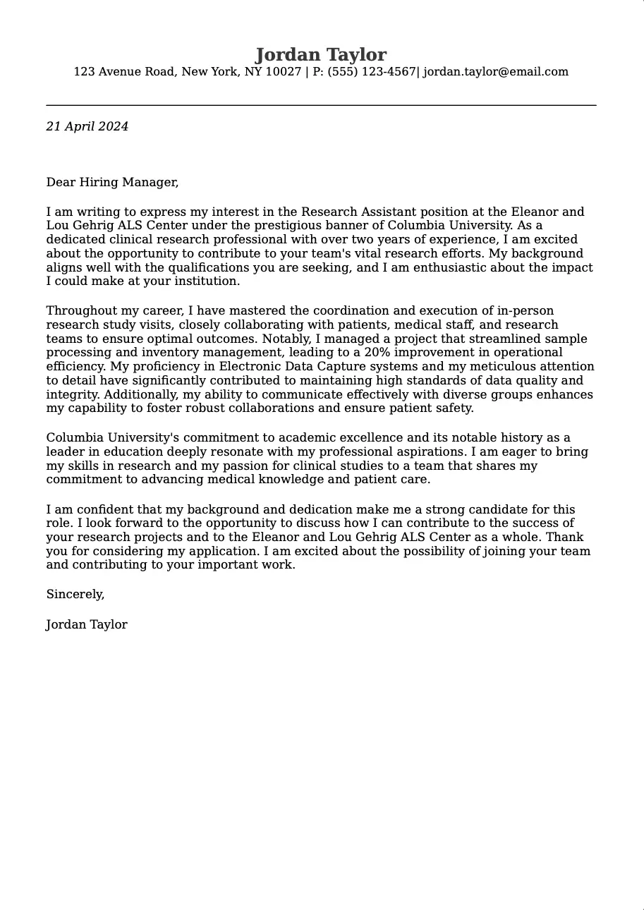 Cover letter example for Research Assistant