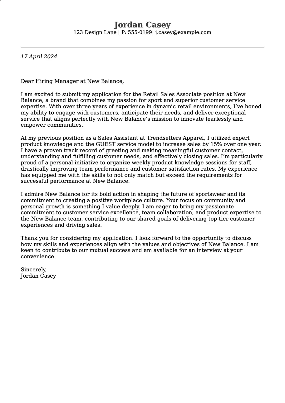 Cover letter example for Retail